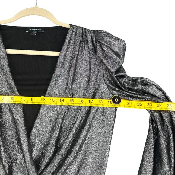 Express Silver Long Sleeves Shimmer Puff Shoulder Detail Wrap Bodysuit Small - Picture 5 of 6